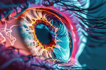 A detailed close-up photograph of a brown human eye, showcasing the intricate details of the iris...