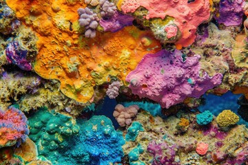 Naklejka na ściany i meble A detailed close-up view captures the vibrant colors and diverse marine life of a bustling coral reef ecosystem, Close-up of coral formations in bright colors, AI Generated