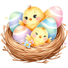 Cute easter chick in nest watercolor clipart with transparent background
