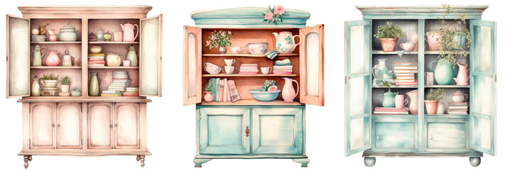Set of watercolor pastel shabby chic cupboard, isolated on transparent background