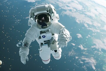 Astronaut in spacesuit floating in the vastness of space with Earth in the background - obrazy, fototapety, plakaty