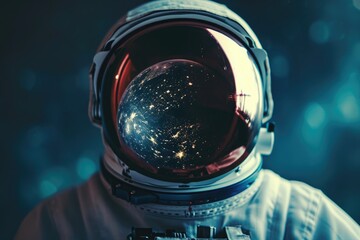 A detailed view of a person donning a space suit, showcasing the intricate design and equipment, Close-up shot of an astronaut's helmet, reflecting the endless cosmos in its visor, AI Generated - obrazy, fototapety, plakaty