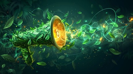 Green leaves megaphone with glowing particles