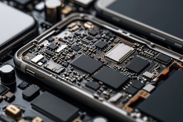A detailed close-up shot of a cell phone showing its various components and parts, Close-up view of a smartphone's inner components, AI Generated