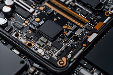 Fototapeta premium This close-up photo showcases the intricate circuitry of a laptop motherboard, Close-up view of a smartphone's inner components, AI Generated