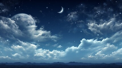 Fantasy landscape with blue night sky, white clouds, bright moon and shining stars