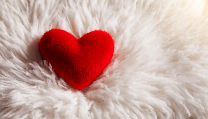 Closeup of a red fluffy heart on a white soft carpet. Tender love concept. Generative Ai.