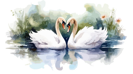 A couple of swan in the river. Watercolor style  - obrazy, fototapety, plakaty