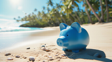 Blue piggy bank on the beach of the Caribbean sea. Vacation concept