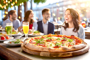 Pizza, im Hintergrund ein Restaurant mit fröhlichen Gästen  - obrazy, fototapety, plakaty
