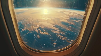 beautiful view through airplane window of sky clouds earth and land marks