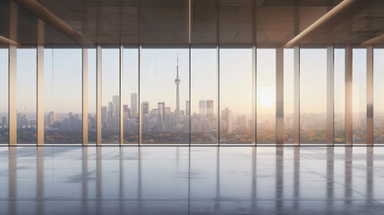 interior view from a modern office, with a clear sightline through large floor-to-ceiling windows that offer a panoramic view of a city skyline in a soft, diffused light