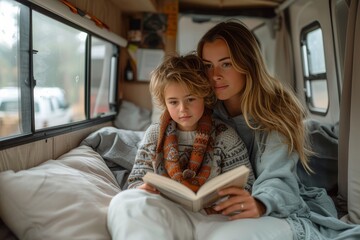 Mother and child sharing a quiet moment reading a book in a camper van, emphasizing closeness and learning