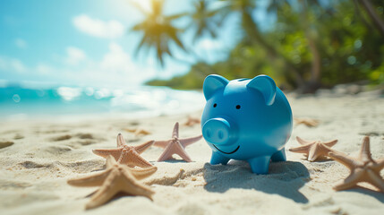 Blue piggy bank on the beach of the Caribbean sea with starfish and shells. Vacation concept