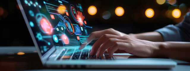 person's hands are seen typing on a laptop keyboard, with futuristic digital graphics of charts, graphs, and data analytics floating above the computer screen.