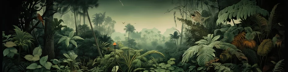 Zelfklevend Fotobehang Watercolor pattern wallpaper. Painting of a jungle landscape. © Simon