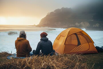 Couple next to an orange tent gaze at a beautiful sunset by the sea, sitting on a cliff with warm...