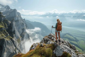 Woman hiker overlooks a breathtaking view of mountains, clouds & a serene lake bathed in sunlight