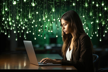 A focused woman is engaged in her work on a laptop, seated under a canopy of glowing green pendant lights in a dimly lit room.