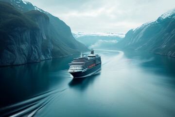 Sailing Among Majestic Mountains Under Cloudy Sky