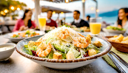 Salat mit Garnelen, im Hintergrund ein Restaurant mit Menschen  - obrazy, fototapety, plakaty