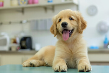 A puppy being examined at a veterinary clinic. Little white cute puppy. Dog and doctors. Taking care of pets. Veterinary clinics and dog treatment. Veterinary medicine.