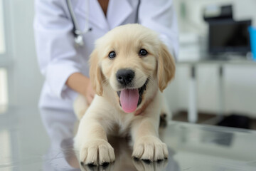 A puppy being examined at a veterinary clinic. Little white cute puppy. Dog and doctors. Taking care of pets. Veterinary clinics and dog treatment. Veterinary medicine.