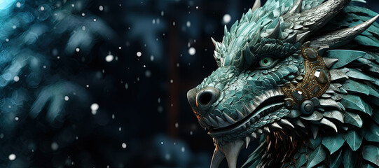 Detailed close-up of vibrant green dragon amidst snowy landscape.