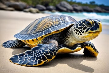 close up portrait of sea turtle on the beach