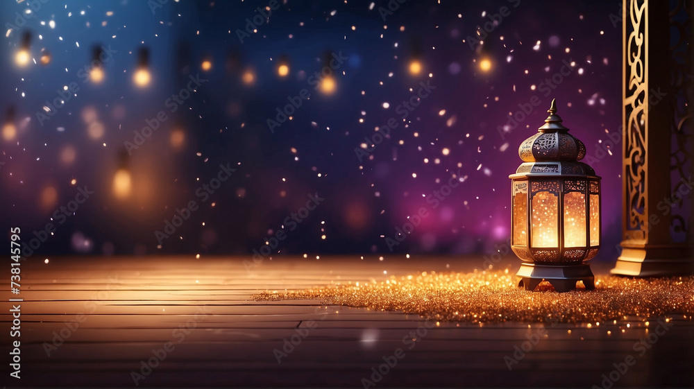 Wall mural arabic lantern of ramadan celebration day or eid al fitr adha, copy space text area background