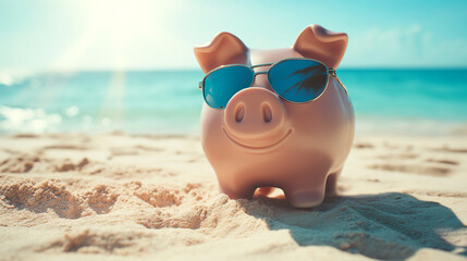 Pink piggy bank in sunglasses against the background of a beautiful sea at sunset. Vacation concept
