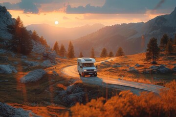 An RV makes its way on a mountain road, surrounded by rugged terrain and pine trees, bathed in the warm light of a setting sun