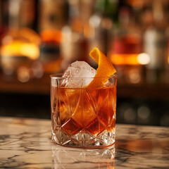 The delicious old fashion cocktail in the etched glass with ice and orange slices. Shallow DOF