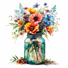 Flowers watercolor painting glass jar with garden