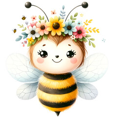 Cute floral bee watercolor clipart with transparent background