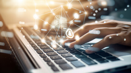 A pair of hands is typing on a laptop keyboard overlayed with graphics of digital locks, symbolizing cybersecurity and data protection.