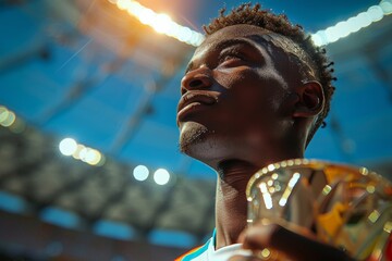The side profile of an athlete, holding a cup close, captures the quiet intensity of a victory amidst the feverish excitement of the stadium's atmosphere - obrazy, fototapety, plakaty