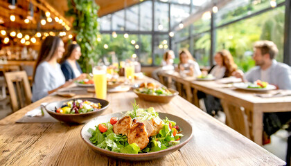 Salat mit Hähnchenstreifen, im Hintergrund ein Restaurant mit Gästen  - obrazy, fototapety, plakaty