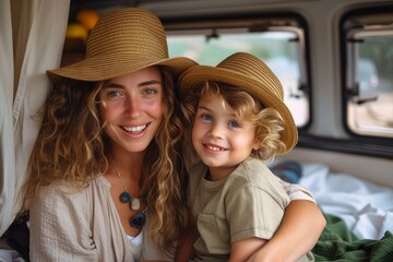 A joyful mother and son wearing matching hats inside a camper