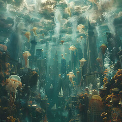 Surreal Underwater Cityscape with Jellyfish and Coral Ecosystem