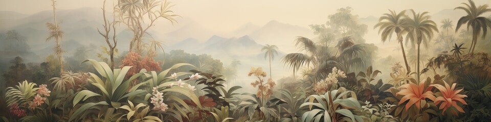 Fototapeta na wymiar Lush jungle landscape in watercolor style.
