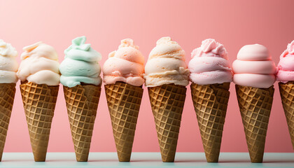 Homemade gourmet ice cream cones, a sweet summer indulgence generated by AI