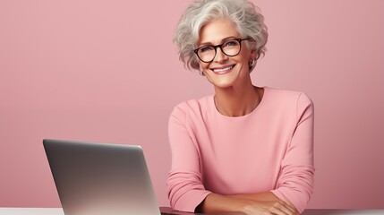 Happy middle age grey-haired businesswoman smiling working on laptop in open space office. Pink background
