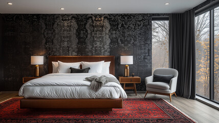 Sleek and modern bedroom with dark tones, exuding sophistication and elegance. - obrazy, fototapety, plakaty