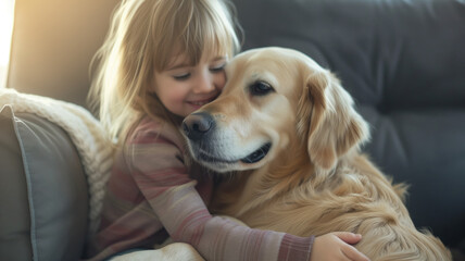 Advertising photography of a young girl, child petting a dog sitting on sofa, the light comes from the left