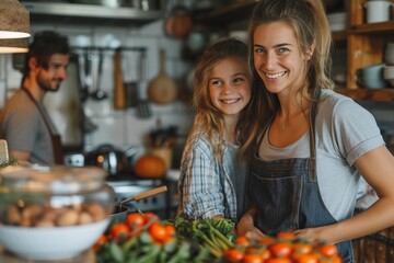 A smiling girl and her mother choose fresh vegetables together, signifying healthy family choices - obrazy, fototapety, plakaty