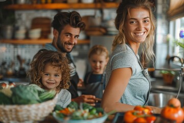 Fototapeta premium A radiant family shares a cooking activity in the kitchen, surrounded by vibrant vegetables