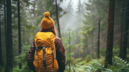 Obraz premium Woman enjoying hike on sunny vacation day. Female with backpack walking through forest path or lake view. Spending summer vacation close to nature. with forest green woods around. Woman enjoying hike.