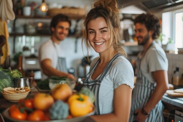 Attractive young woman holding fresh vegetables, with friends cooking in background, promoting healthy eating - obrazy, fototapety, plakaty