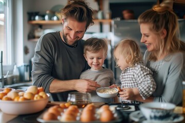 Smiling family enjoying time together while preparing breakfast in a cozy kitchen setting